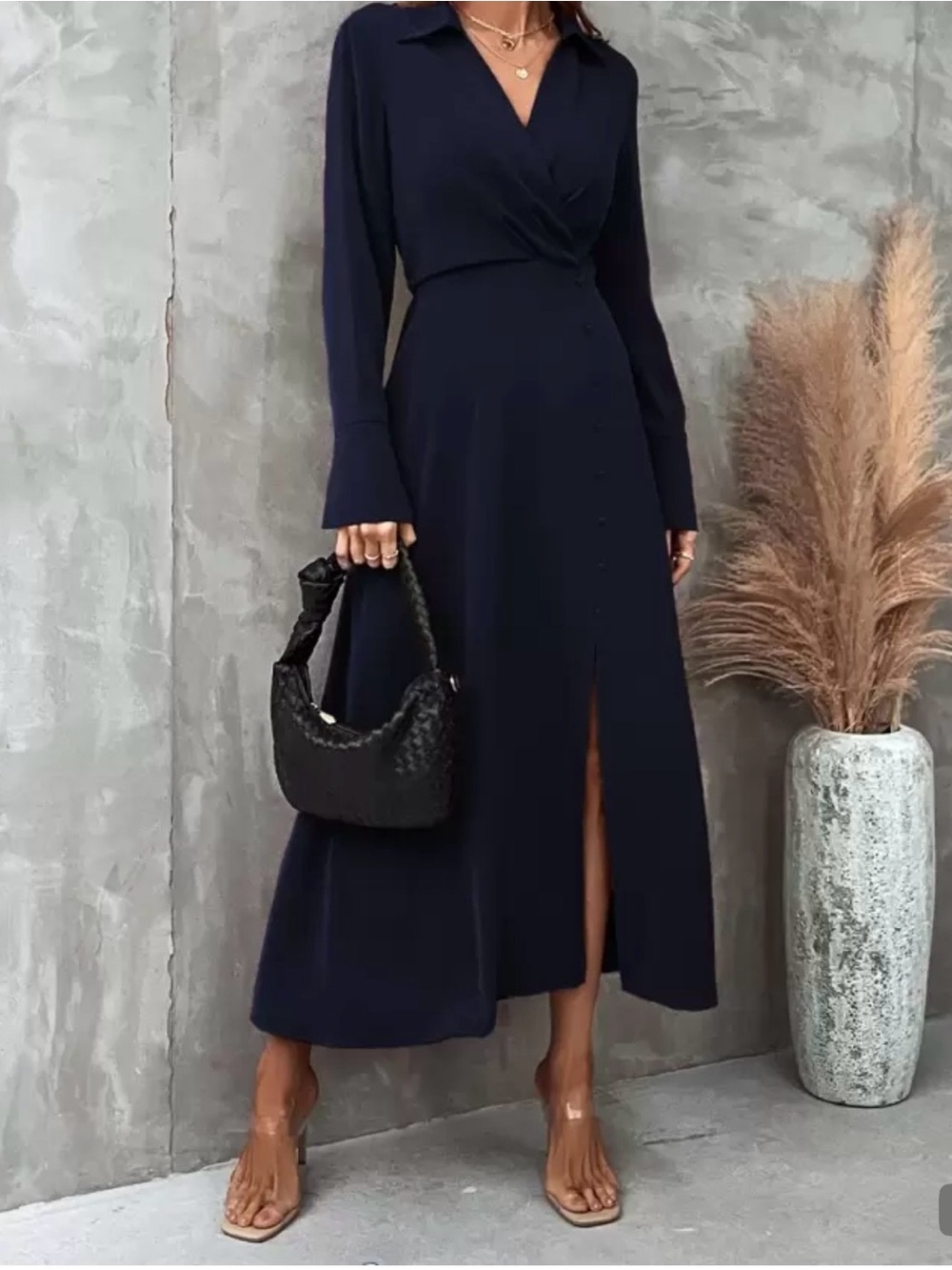 Elegant Navy Long Sleeve Wrap Midi Dress